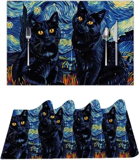 Placemats Set of 4, Non-Slip Place Mats for Dining Table, Stain Resistant Foldable Washable Wipeable Placemat for Kitchen Dining Table Decoration Indoor Outdoor, Starry Night Black Cat
