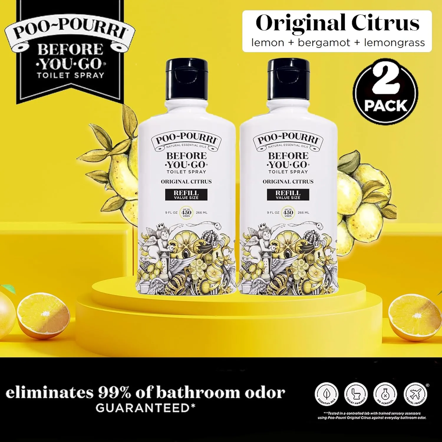 Poo Pourri Original Citrus Toilet Spray Refill Bottle, 9 Fl Oz, 2 Pack, Lemon, Bergamot and Lemongrass Scent