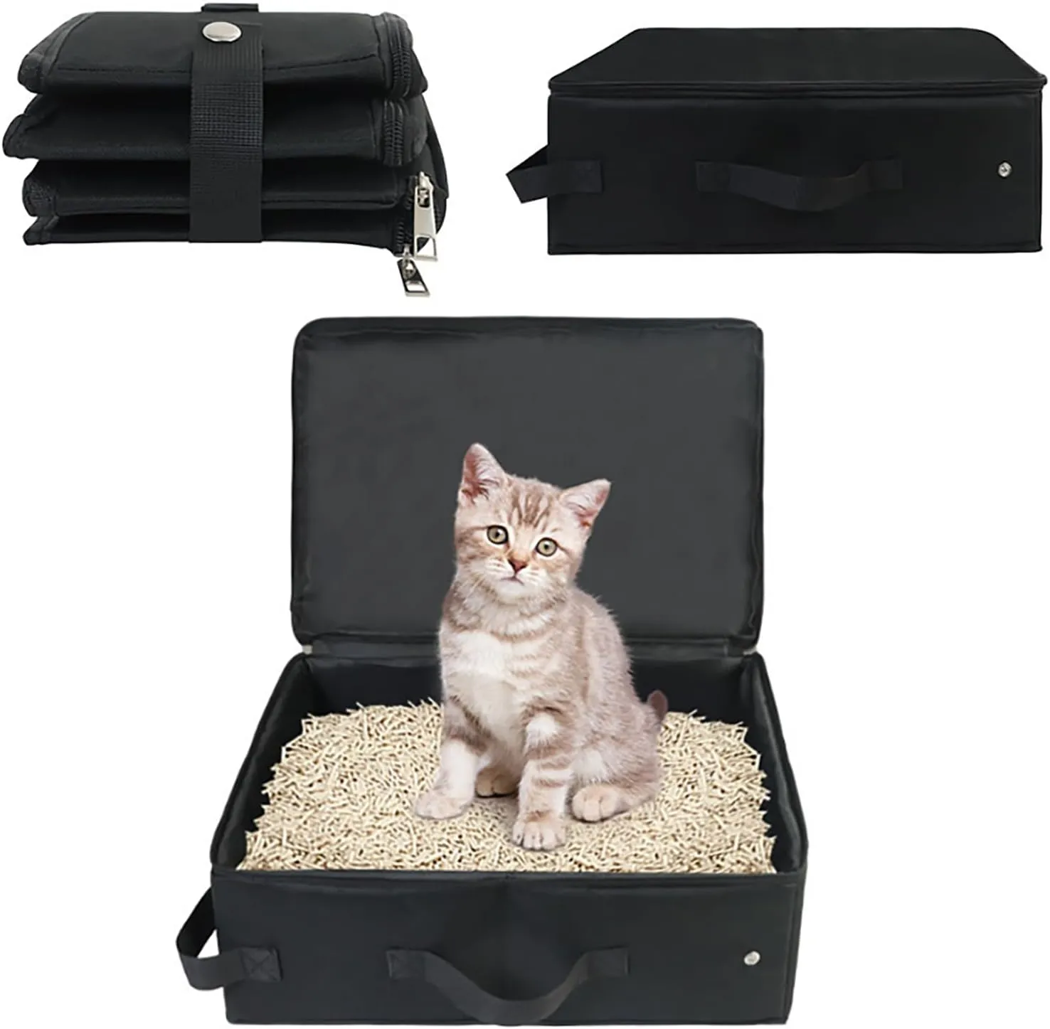 Portable Cat Travel Litter Box with Zipped LidStandard Portable Collapsible Litter Carrier for Cat Foldable Travel Litter Box, Easy to Carry, Waterproof, No Leakage, No Smell