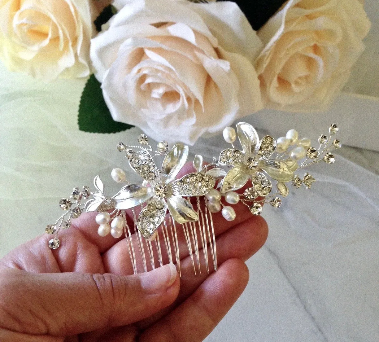 "Thea" - Pearl Bridal Hair Comb - Available in Silver and Rose Gold