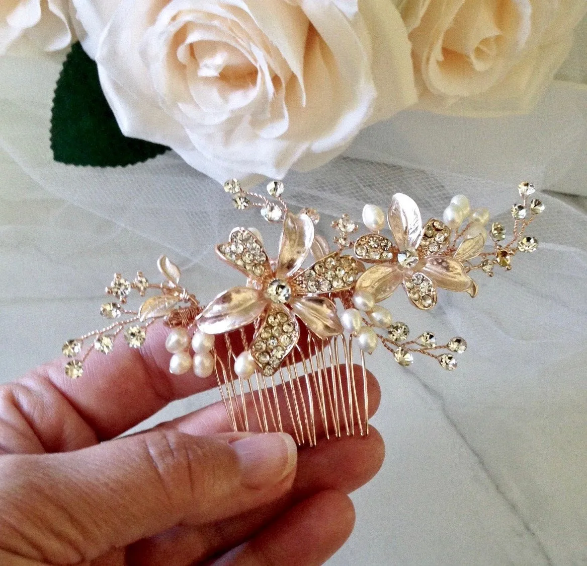 "Thea" - Pearl Bridal Hair Comb - Available in Silver and Rose Gold