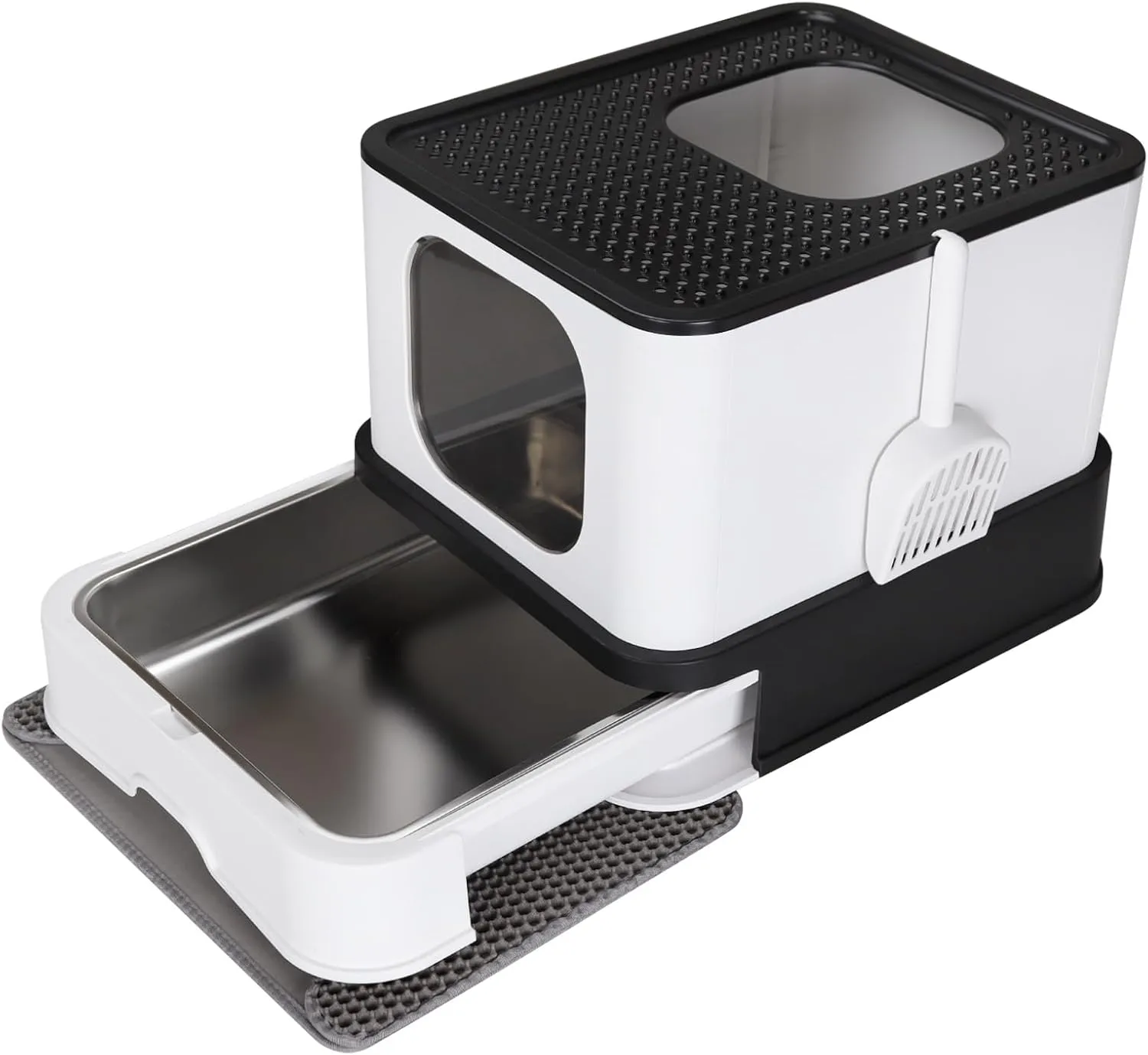 RIZZARI Enclosed Cat Litter Box with Lid, Large Foldable Litter Box with Litter Scoop, Top Entry Cat Toilet for Kittens and Big Cats (Dark Gray,Stainless Steel, Large)
