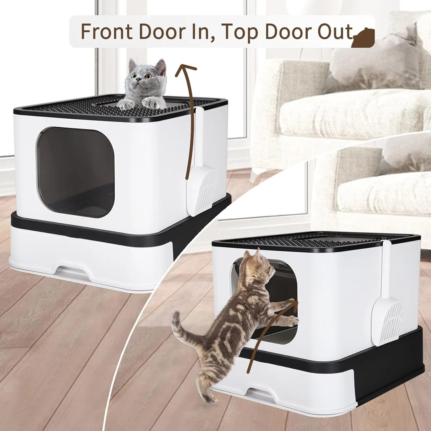 RIZZARI Enclosed Cat Litter Box with Lid, Large Foldable Litter Box with Litter Scoop, Top Entry Cat Toilet for Kittens and Big Cats (Dark Gray,Stainless Steel, Large)