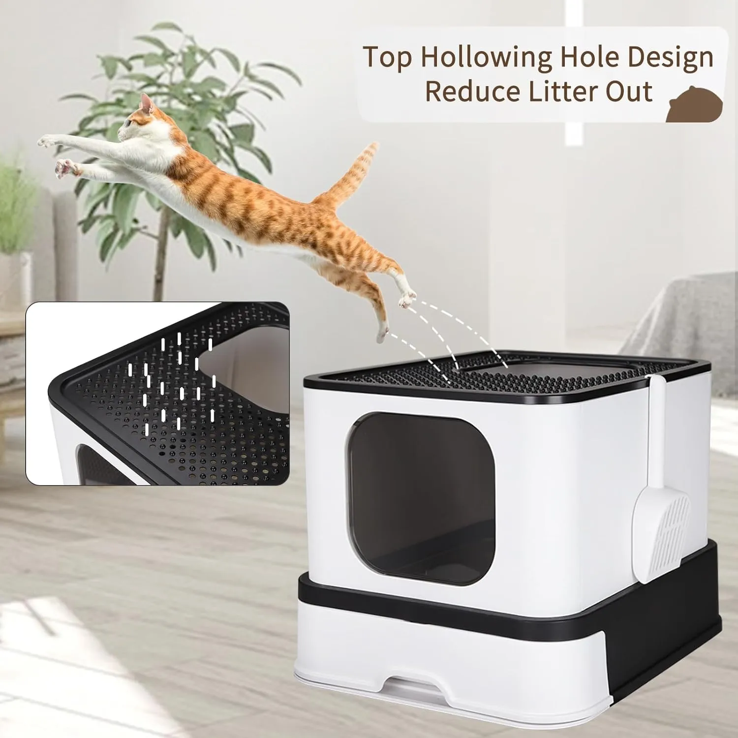 RIZZARI Enclosed Cat Litter Box with Lid, Large Foldable Litter Box with Litter Scoop, Top Entry Cat Toilet for Kittens and Big Cats (Dark Gray,Stainless Steel, Large)