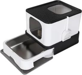 RIZZARI Enclosed Cat Litter Box with Lid, Large Foldable Litter Box with Litter Scoop, Top Entry Cat Toilet for Kittens and Big Cats (Dark Gray,Stainless Steel, Large)