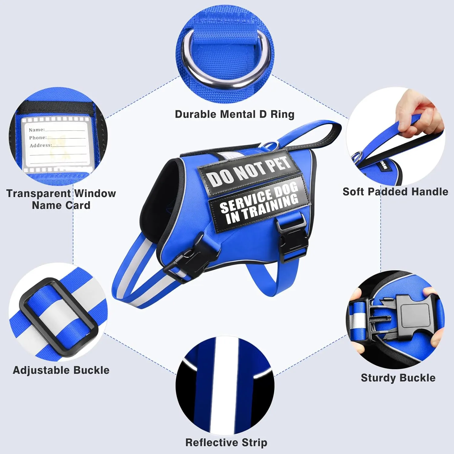 Service Dog Harness and Leash Set, Training Dog Vest with 10 Dog Patches, Emotional Support Therapy Dog Vest Harness for Small Medium Large and Extra Large Dogs(Blue, M)