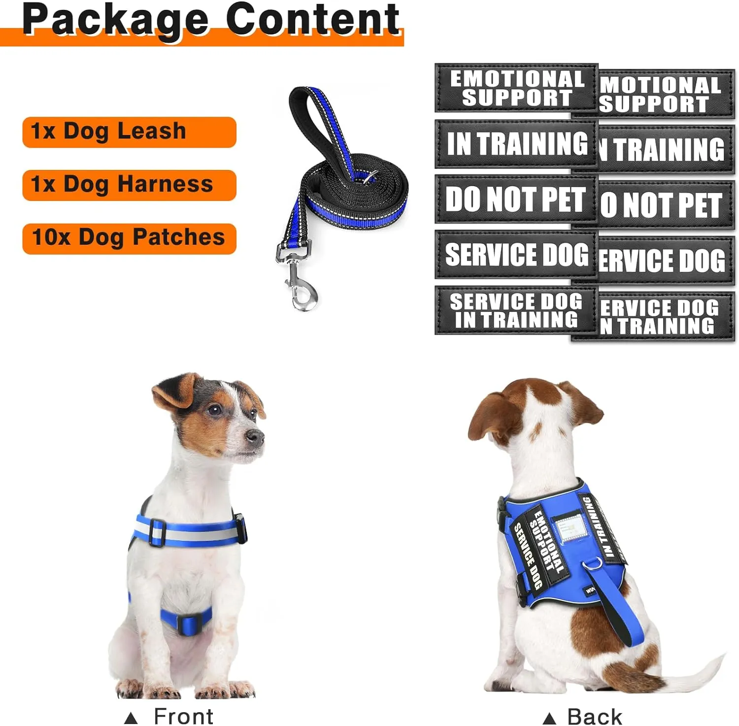 Service Dog Harness and Leash Set, Training Dog Vest with 10 Dog Patches, Emotional Support Therapy Dog Vest Harness for Small Medium Large and Extra Large Dogs(Blue, M)