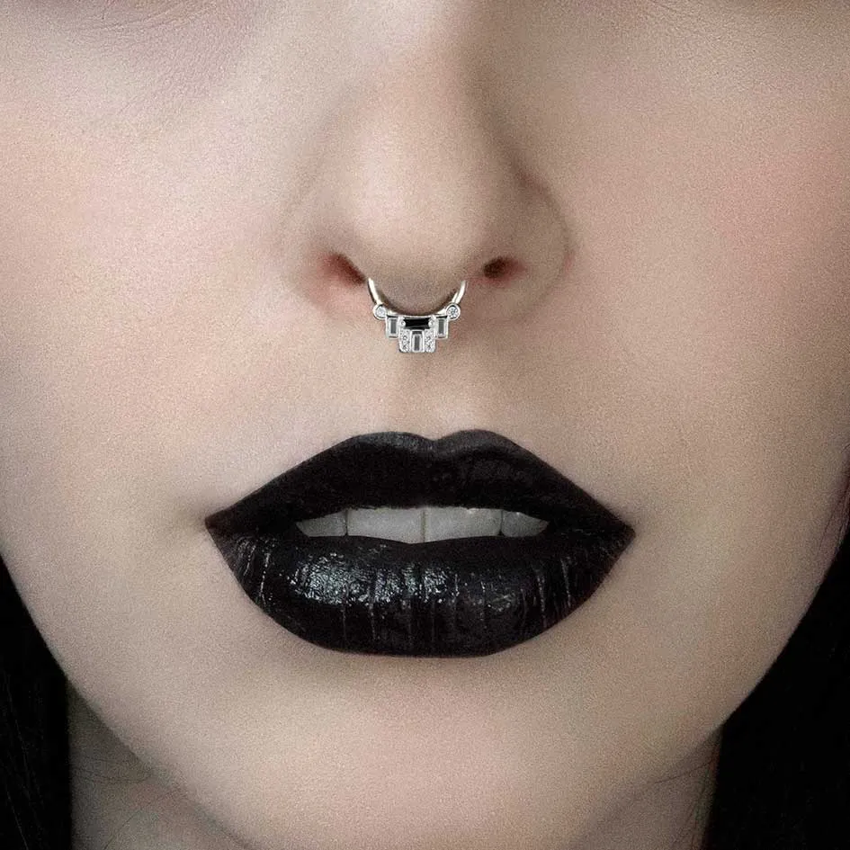 STATELY. Deco Black Spinel Septum Clicker Ring - Silver