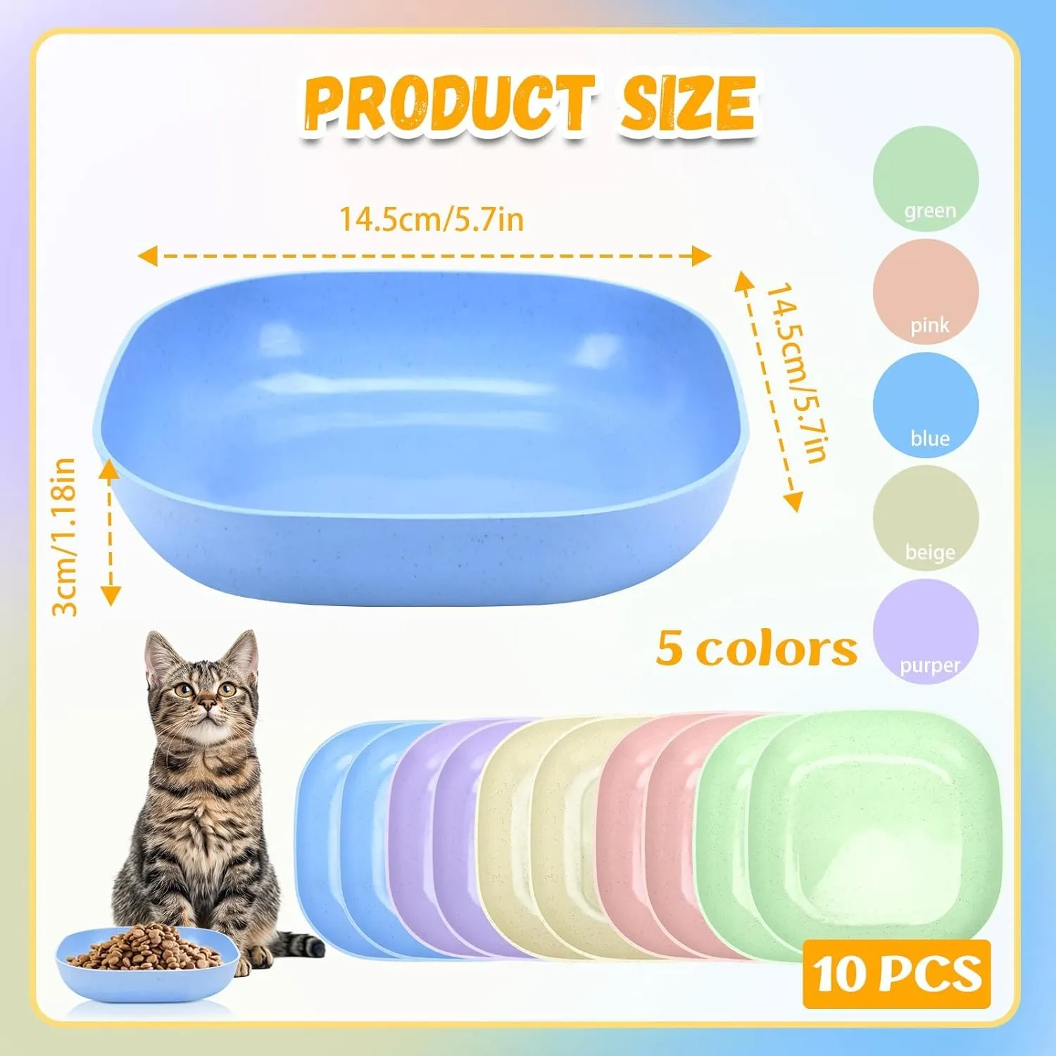 TKOnline 10 Pieces Whisker Fatigue Relief Cat Bowl, 5.7 Inch Plastic Shallow Food Dish, Wide Cat Wet Feeding Bowls, Small Flat Dish for Kittens 