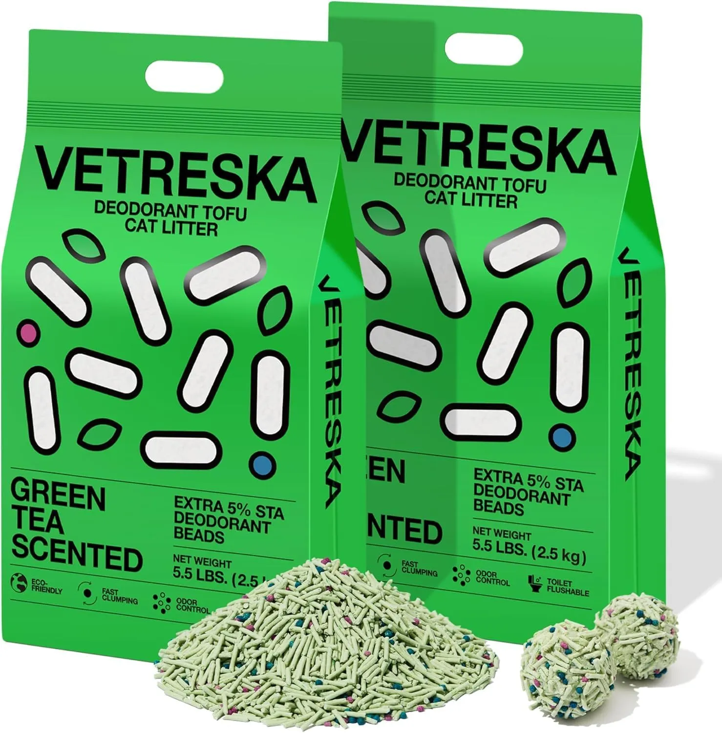 VETRESKA Tofu Cat Litter,Natural Kitty Litter Strong Clumping Flushable Cat Litter Pellets Ultra Absorbent,Odor Control,Dust-Free,Low Tracking Eco-Friendly Tofu Litter,Greentea(5.5lb2bags)