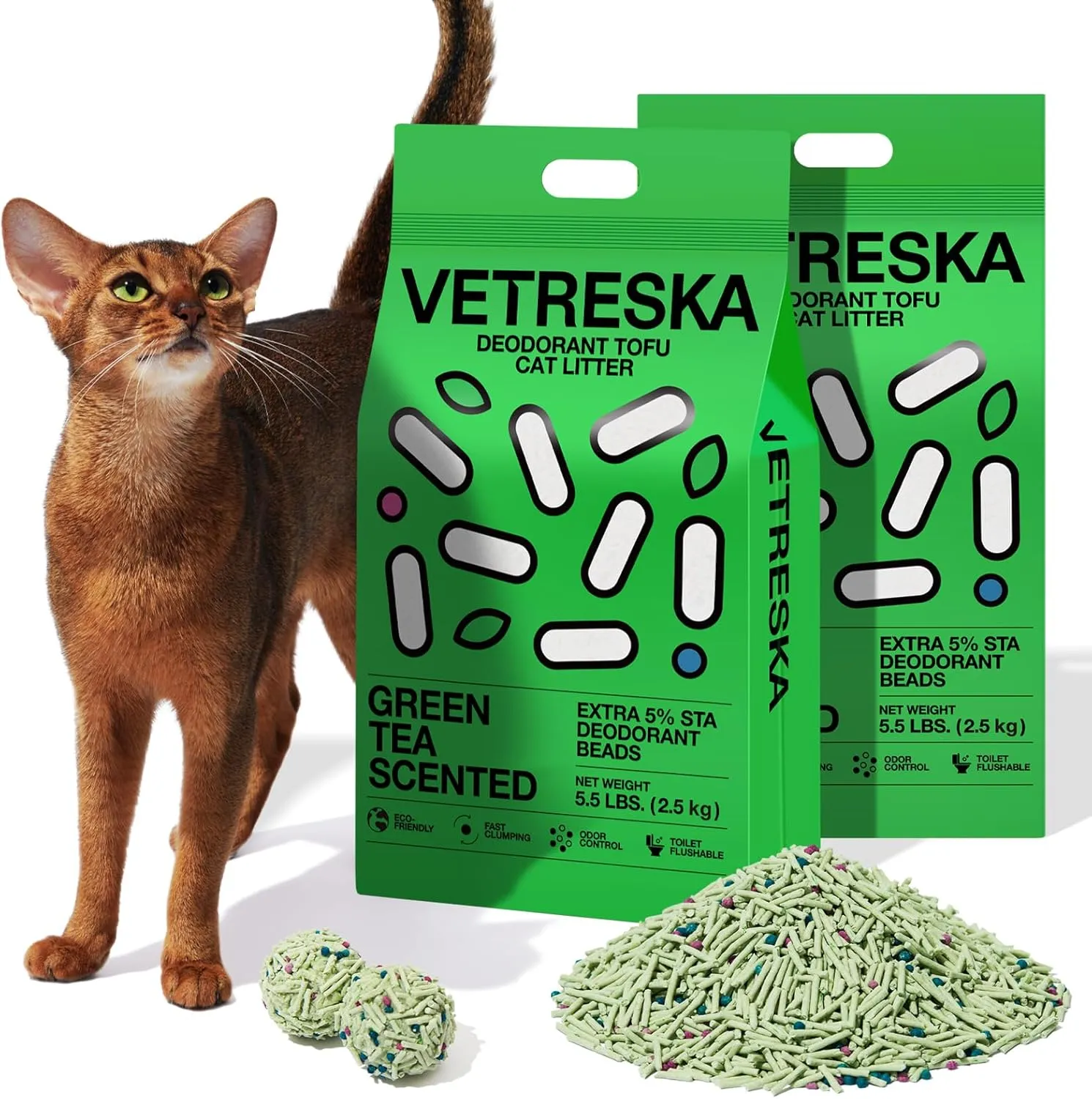 VETRESKA Tofu Cat Litter,Natural Kitty Litter Strong Clumping Flushable Cat Litter Pellets Ultra Absorbent,Odor Control,Dust-Free,Low Tracking Eco-Friendly Tofu Litter,Greentea(5.5lb2bags)