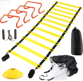 Yaegoo Speed Training Equipment Set, Football Agility Training Ladder, Includes 20ft Agility Ladder, 1 Parachute, 4 Agility Hurdles, 12 Disc Cones, 1 Jump Rope, 4 Stakes and a Storage Bag